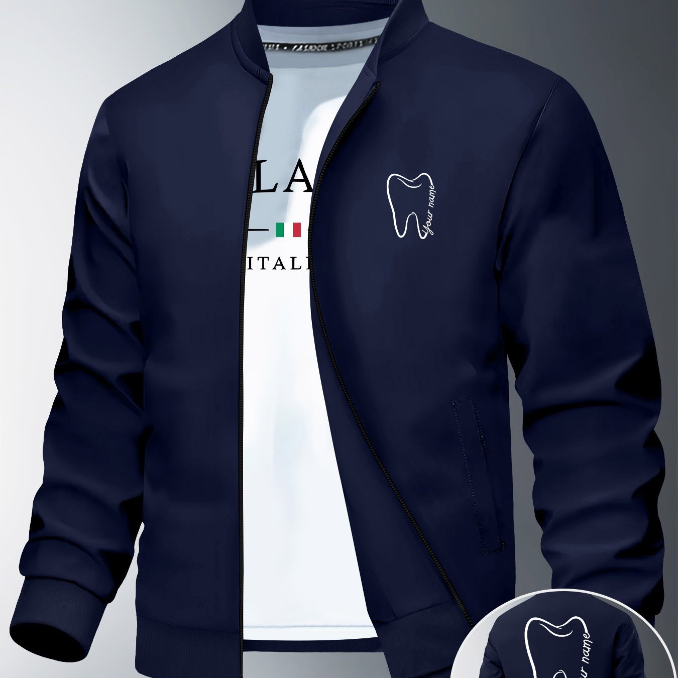 TEMU Blank Gear Silhouette Print Men's Trendy Model Autumn And Winter Men's High-end Casual Youth Jacket Stand Collar Versatile Top Jacket Outerwear