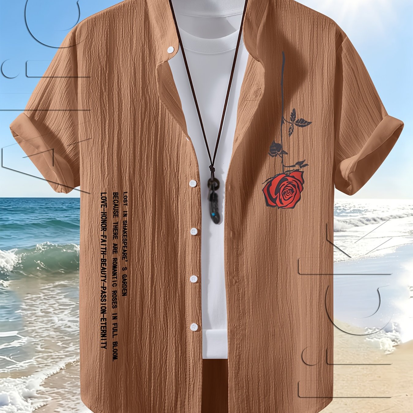 TEMU Men's Floral Pattern Print Short Sleeve Shirt, Summer Lightweight Breathable Solid Color Button-up Casual Shirt With Stand Collar, Suitable For