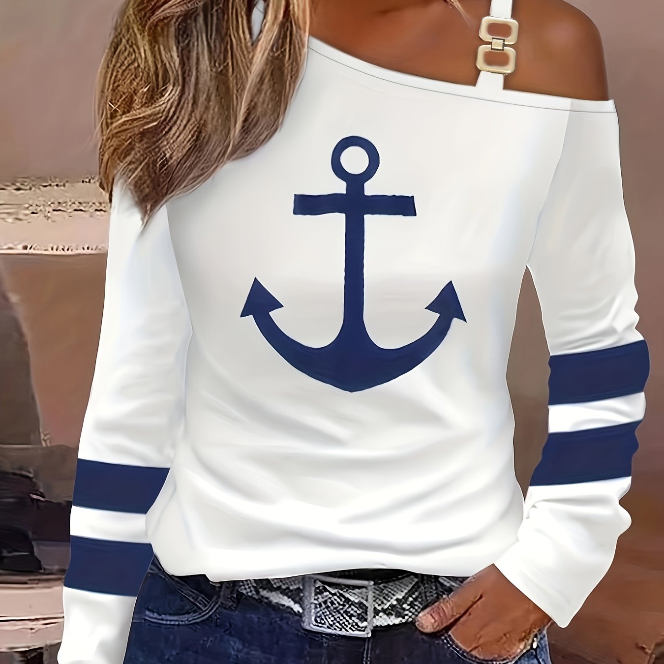Anchor & Stripe Print Cold Shoulder T-shirt, Casual Long Sleeve Top For Spring & Fall, Women's Clothing