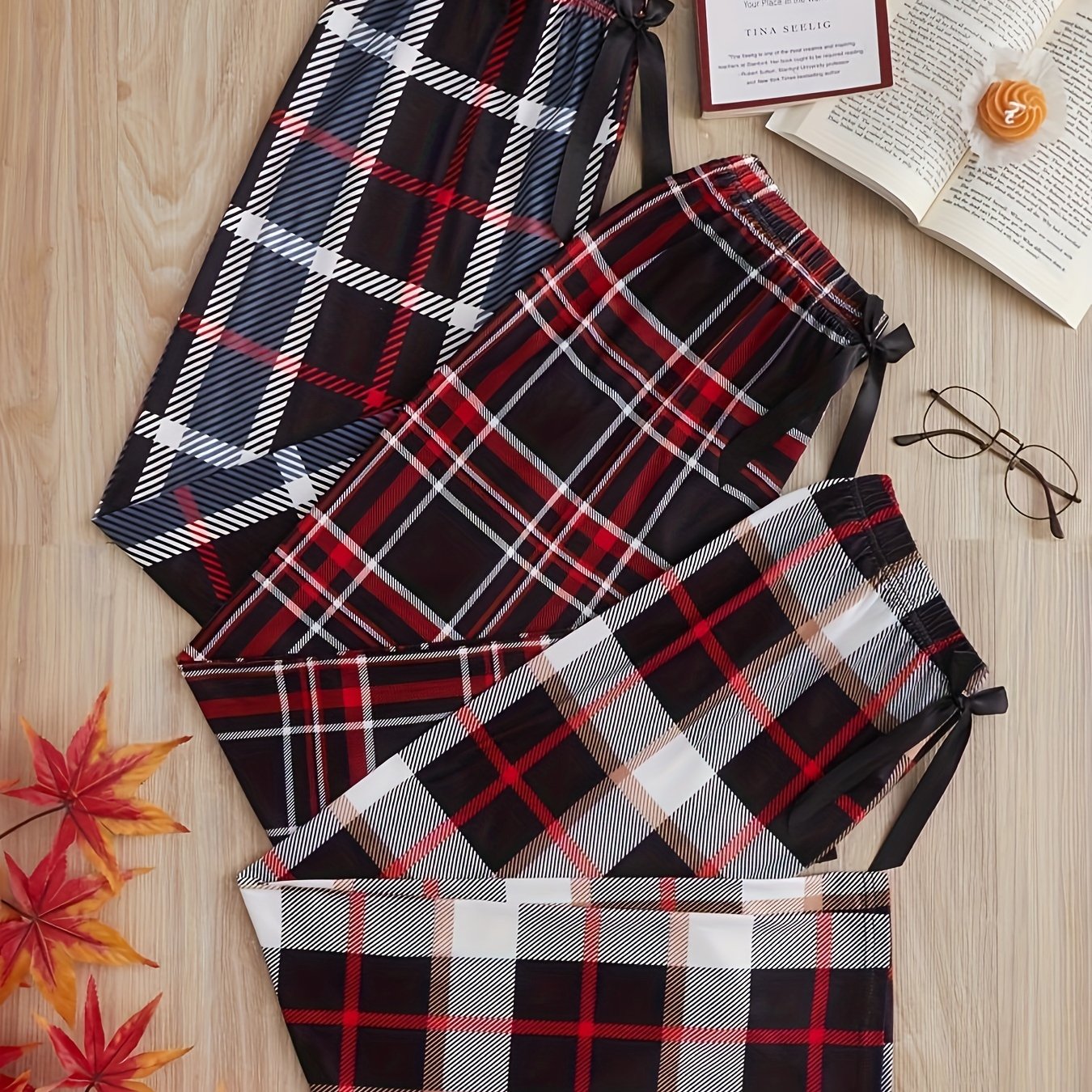 Image of 3pcs Plus Size Casual Sleep Pants, Women's Retro Print Bow Waist Home Trousers For Fall & Winter