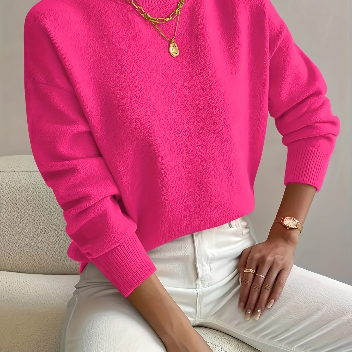 Plus Size Solid Color Mock Neck Sweater, Casual Long Sleeve Sweater, Fall Winter, Clothing
