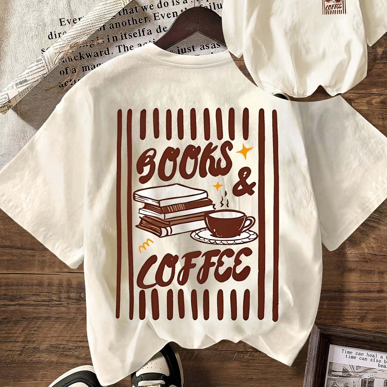 TEMU Books And Coffee , , Gift For Book Lover Graphic T-shirt, Summer Clothes For Women, Women's Casual Crew Neck Short Sleeve T-shirt