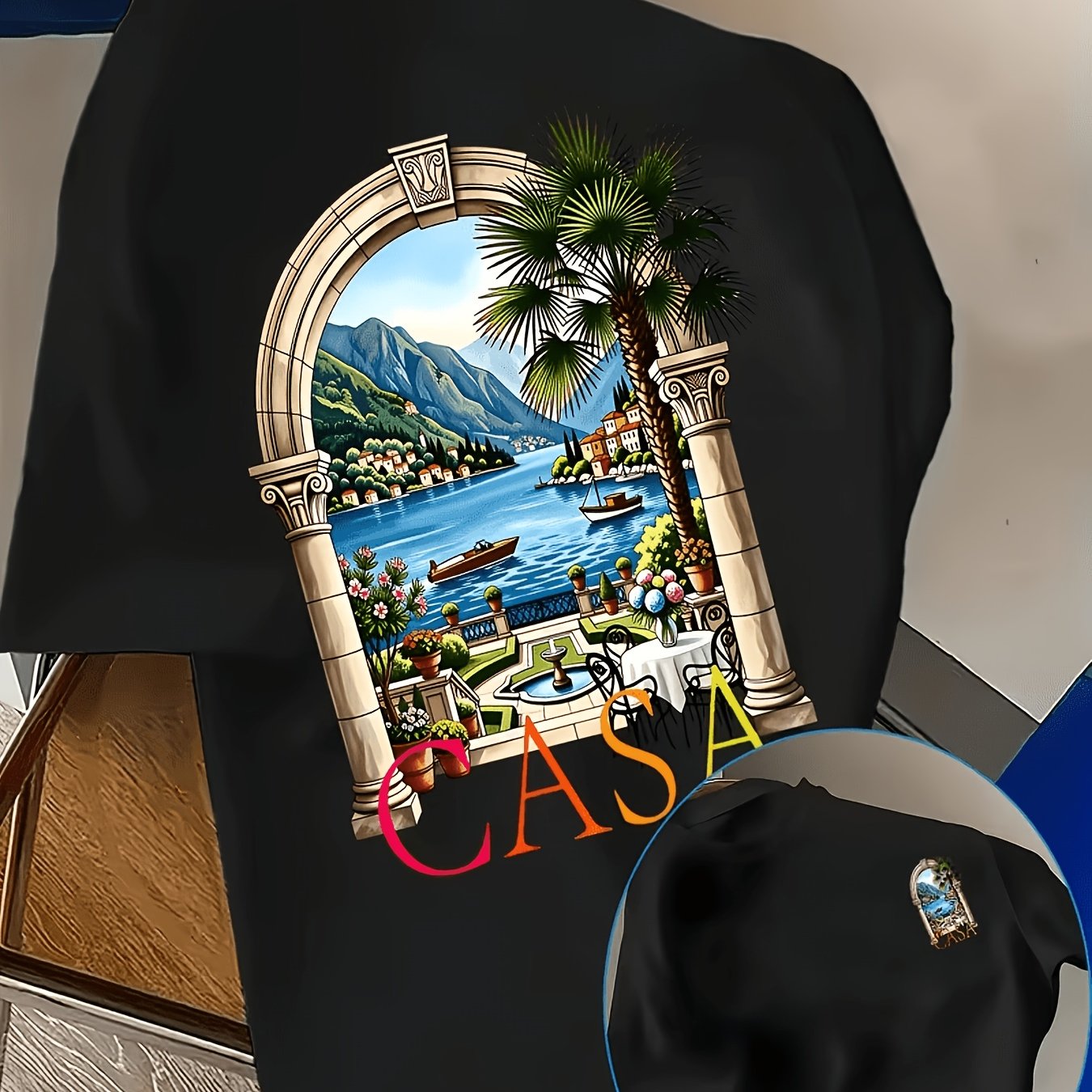 TEMU T-shirt décontracté pour homme avec imprimé paysage arc de du de en Italie, styles variés et , à manches courtes, nouveau haut pour homme, tenue