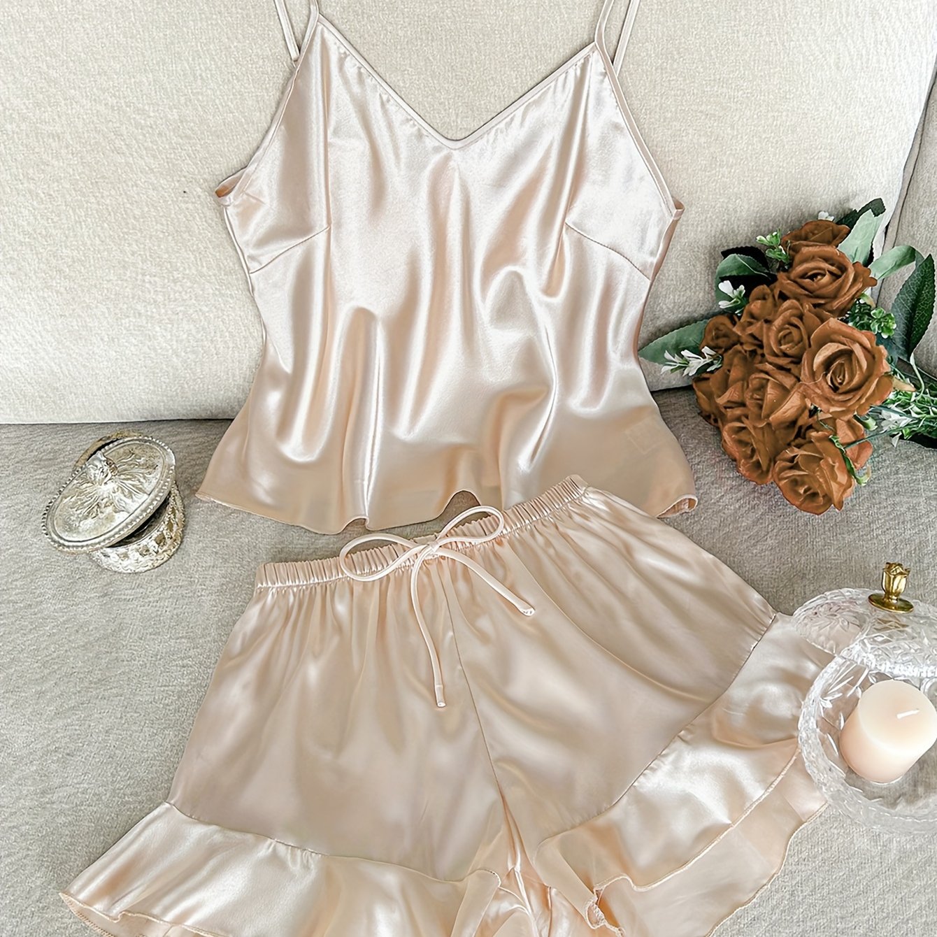 E-shop V-Ausschnitt Mode Einfache Camisole Rüschen Shorts Pyjama Set 2-teilig