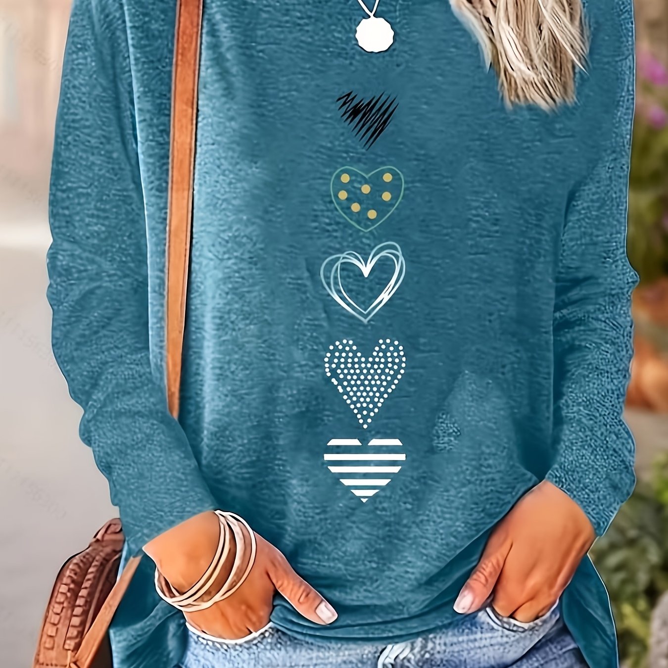 Image of 2024 Spring/autumn New Arrival Heart Print Round Neck Loose Long Sleeve T-shirt - Machine Washable, Perfect For Casual Wear And Home Use