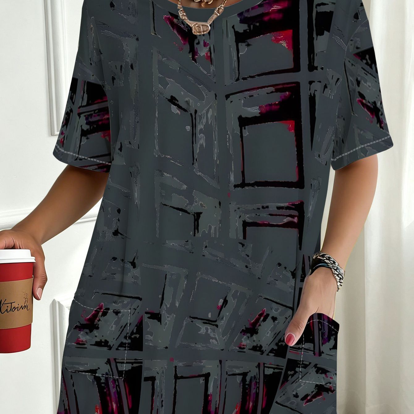 TEMU 1pc Loose Fit Short-sleeve T-shirt With Abstract Geometric Print, Ideal For Daily Commuting, Beach Vacation, Casual Gatherings, And Outdoor