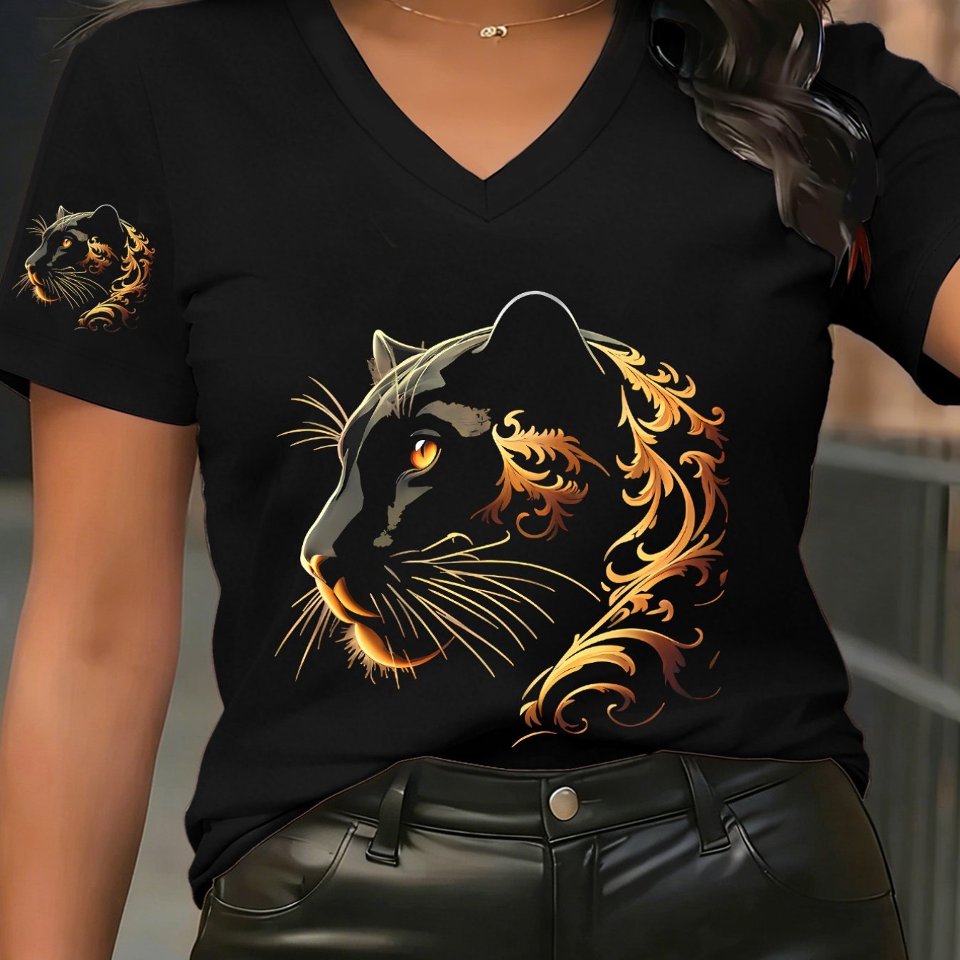 TEMU 1pc Leopard Print V-neck T-shirt, Fashionable Design, Versatile And , New Summer Y2k Style Women's Casual Sportswear, Single Sleeve Print,