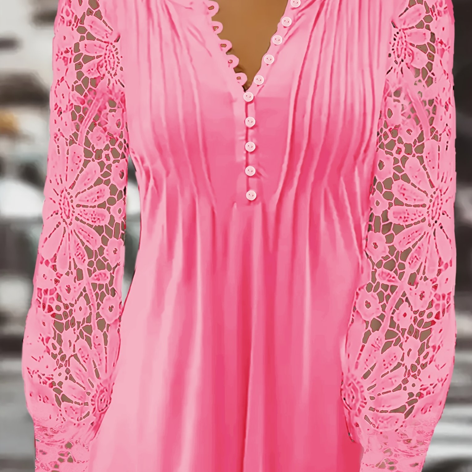 TEMU Plus Size Women's Top, Hollow Lace Long Sleeve Blouse, Loose A-, Suitable For Outdoor , Casual Daily Wear, Dates, And Gatherings, Gentle And
