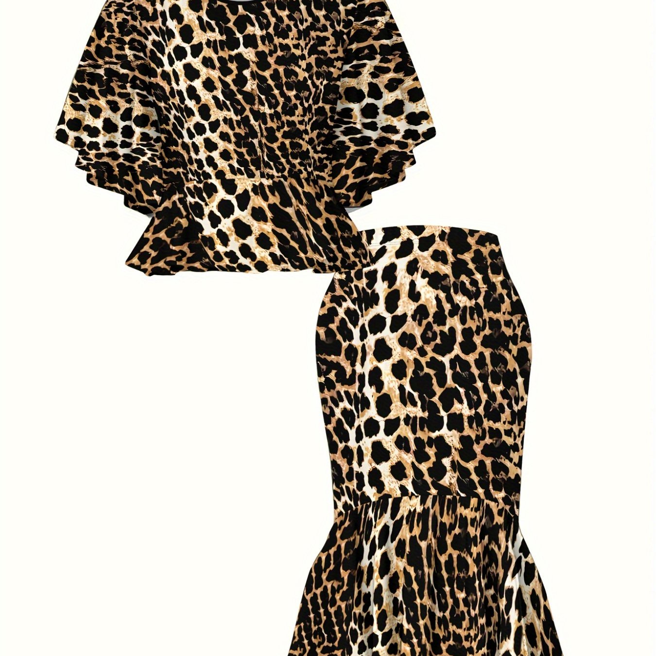 TEMU Plus Size - 2d Printed Leopard Print Women's Casual Elegant Half Skirt Round Neck Pleated Top Plus Size Set