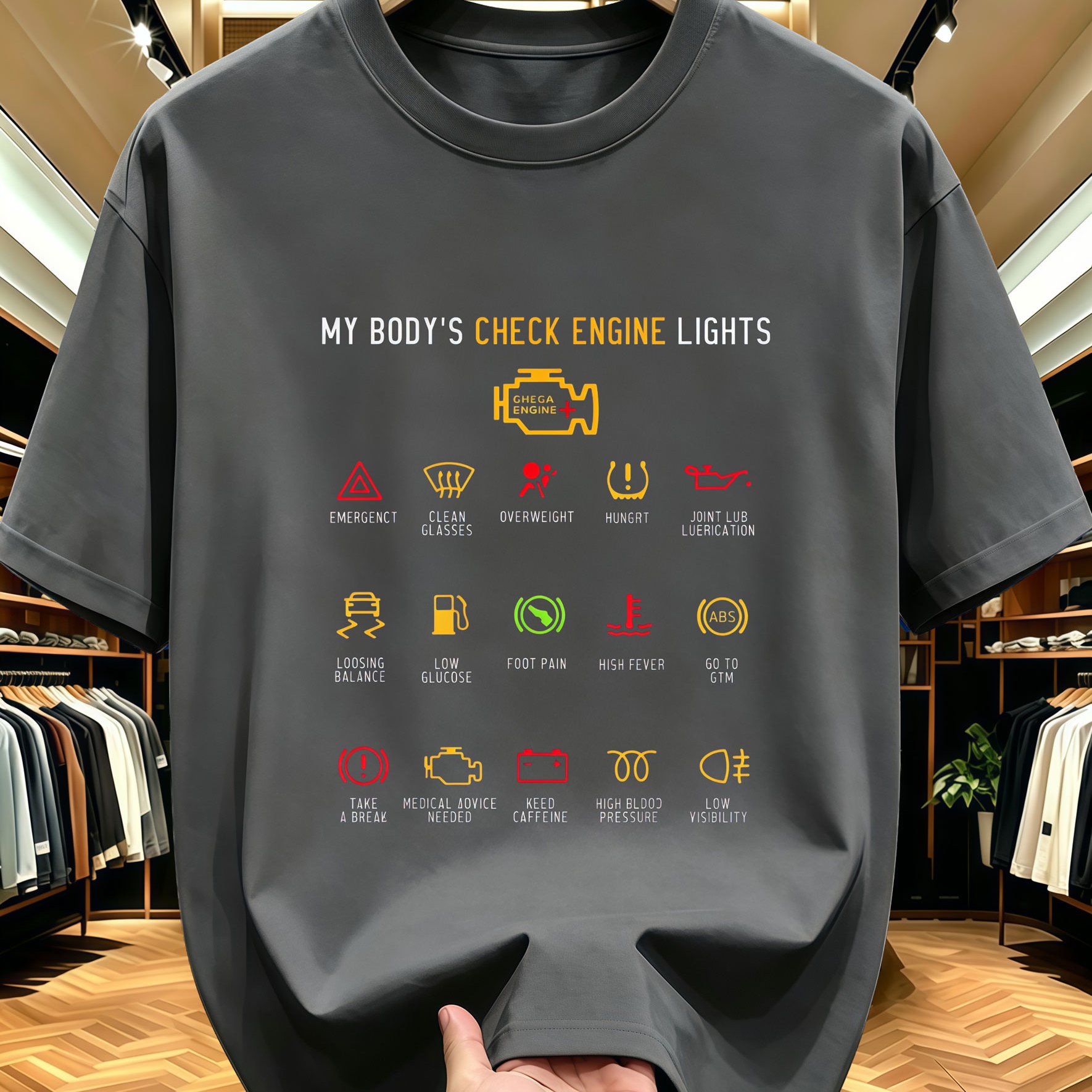 TEMU Men's Check Engine Light Obd Codes T-shirt - Color-coded Dashboard Design With Obd Chart Print, Soft Round Neck Casual Summer Top Suitable For