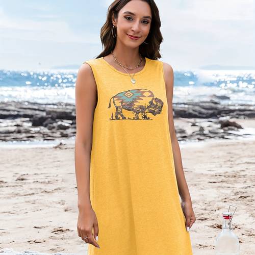 womens bohemian sleeveless dress with vibrant yellow black geometric print lightweight summer casual dress machine washable round neck beachwear for adults unique gift for individualistic friends beach fashion smooth texture fabric beach dress