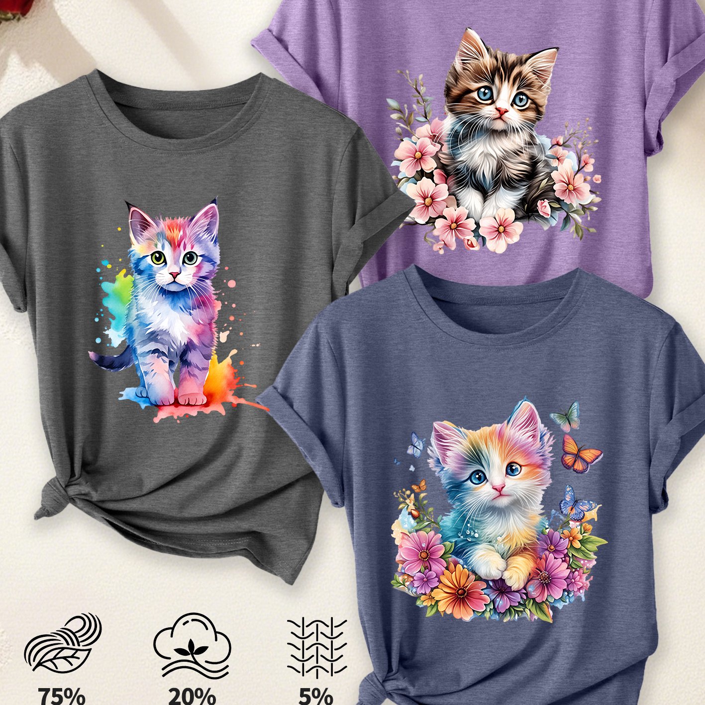 TEMU Walking A 3pcs Women's T-shirt Set Watercolor Cat Retro Print Summer Casual Elegant Women's Clothing Short Sleeve Top Summer Women's Essential