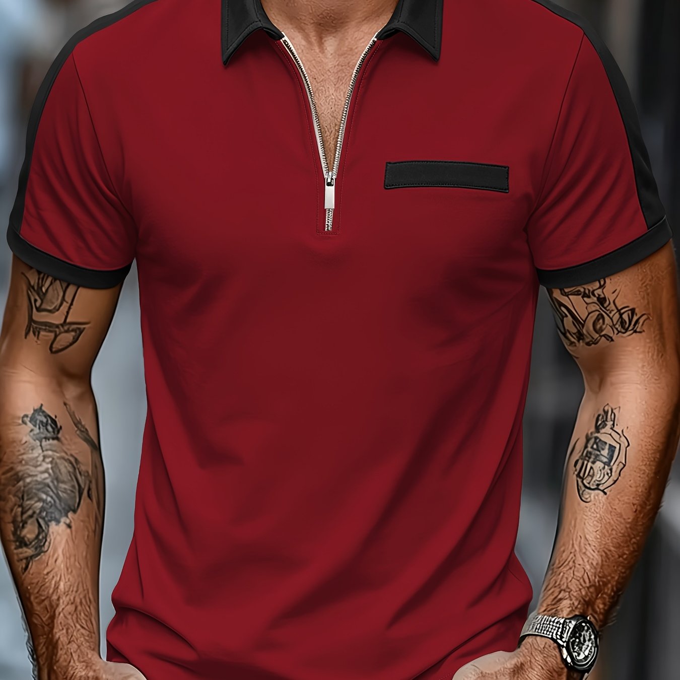 TEMU Summer 's Contrast Collar Half-zipper Shirt, Color-block Cuffs Breathable Business Casual Short Sleeve Shirt