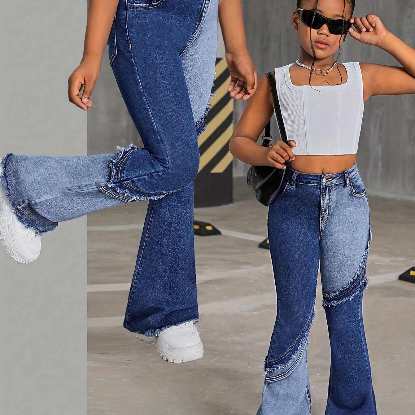 Image of Girls' High-waisted Gradient Blue Flared Jeans With Ripped Details – European Style Fashion For Kids Aged 3 And Up