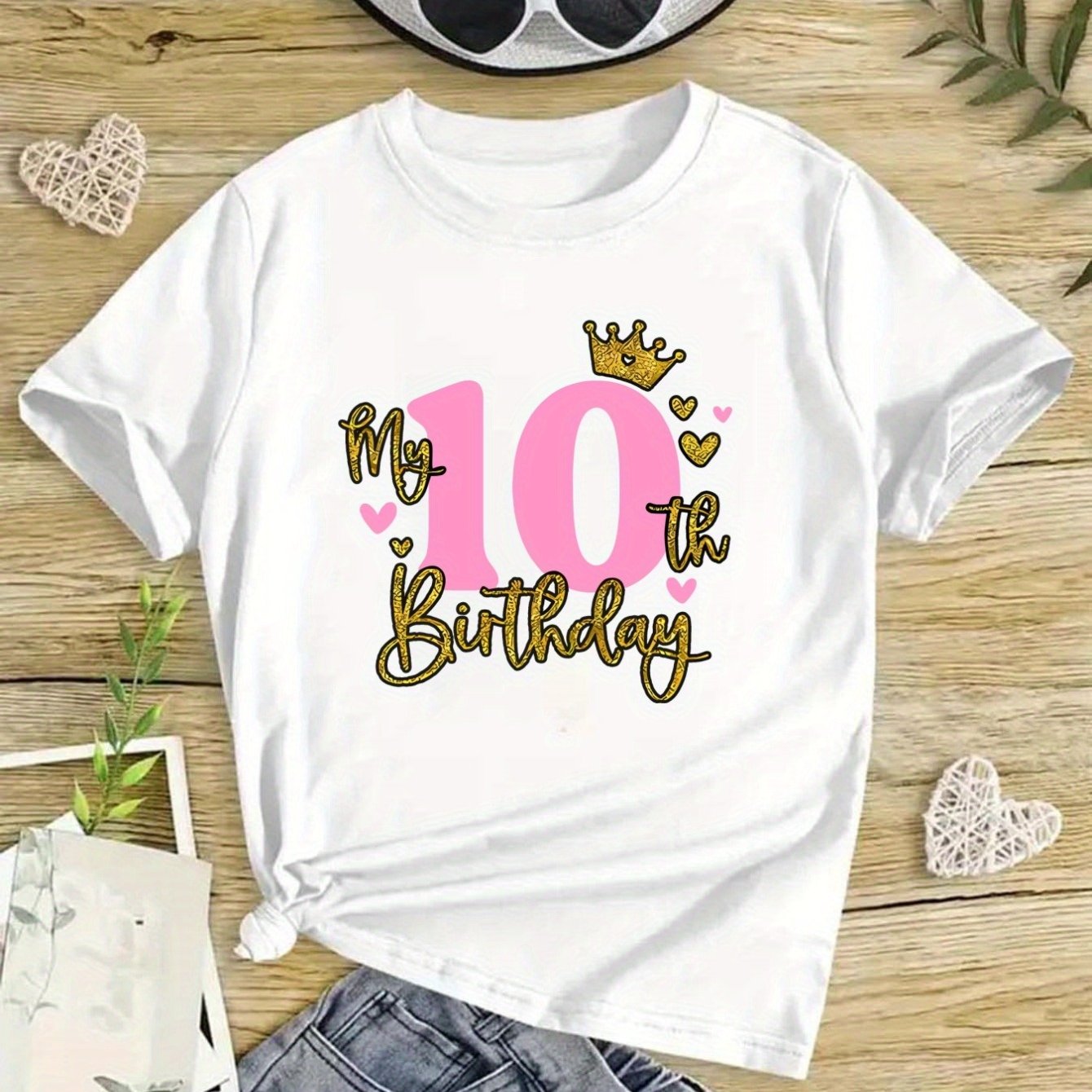 Image of Girls' 10th Birthday T-shirt - Soft Knit Fabric With Glittery & , Light Yellow Casual Short Sleeve Round Neck Top For Birthday Parties
