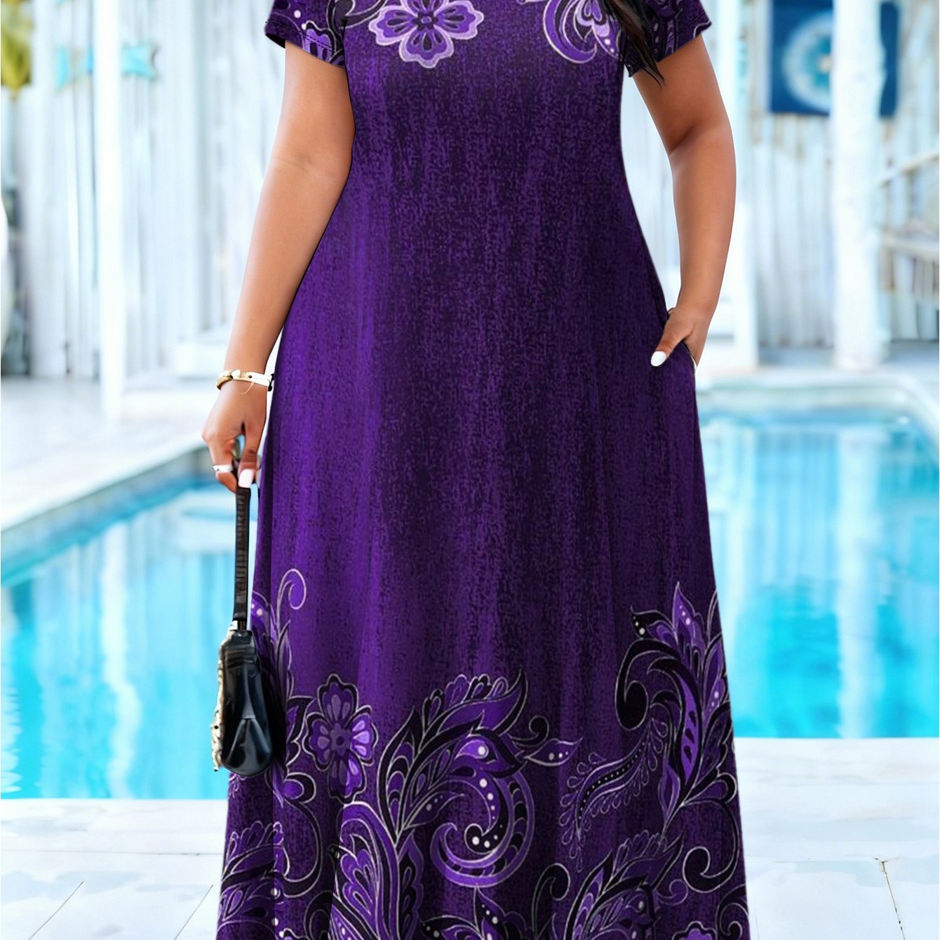 Image of Plus Size, Vacation-ready, Elegant Floral Print Dress For Women-features Pockets- Feminine , Machine Washable, Perfect For Spring/summer Wear, Casual , Versatile And Comfortable