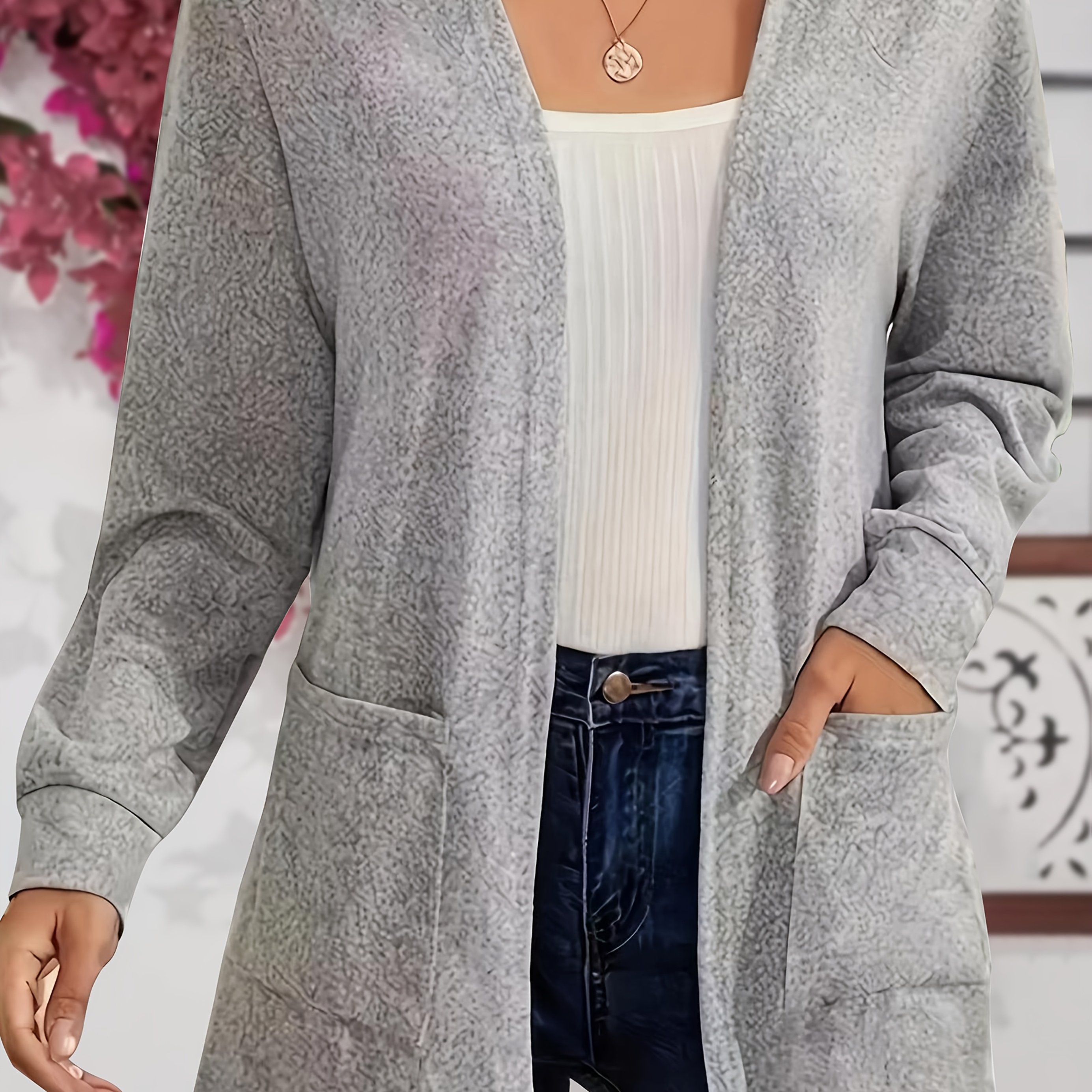Image of Plus Size - Plus Size - 2023 Us And European Trade Autumn Winter New Style Knitwear Versatile Plus Size Solid Color Cardigan Long Sleeve Jacket
