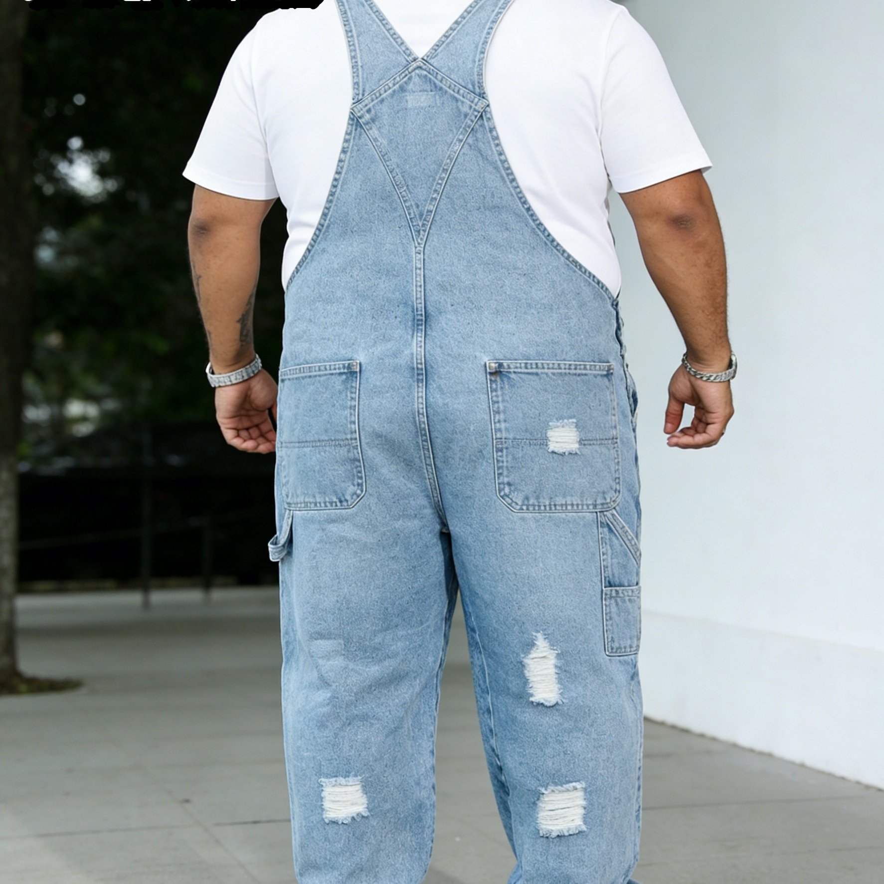 TEMU Men's Plus Size Denim Overalls Jumpsuit - Stretch Washed Light Blue Wide-leg Workwear Pants With Multi-, Beltless Bib, Machine Washable Suitable