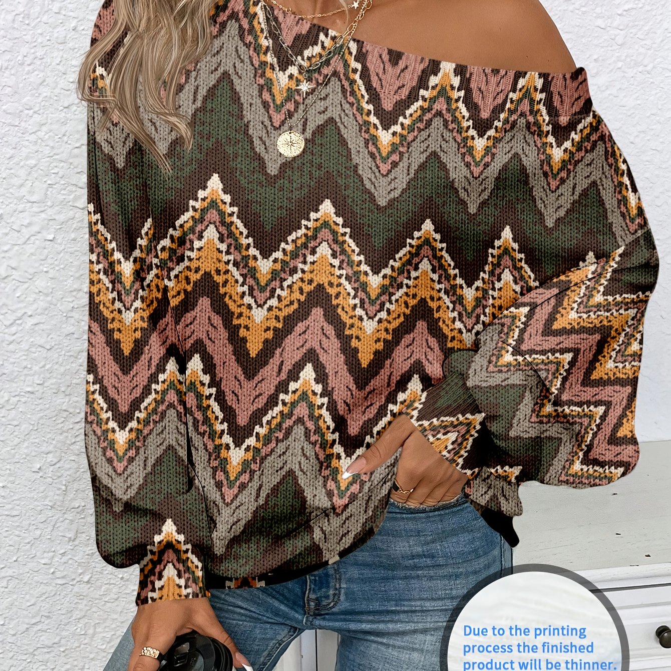 TEMU [lightweight Sweater] Style, Fair Isle Print Design, Fashion Women's, Loose Fit V-neck Off-shoulder Sweater, Trendy Elegant Casual Versatile