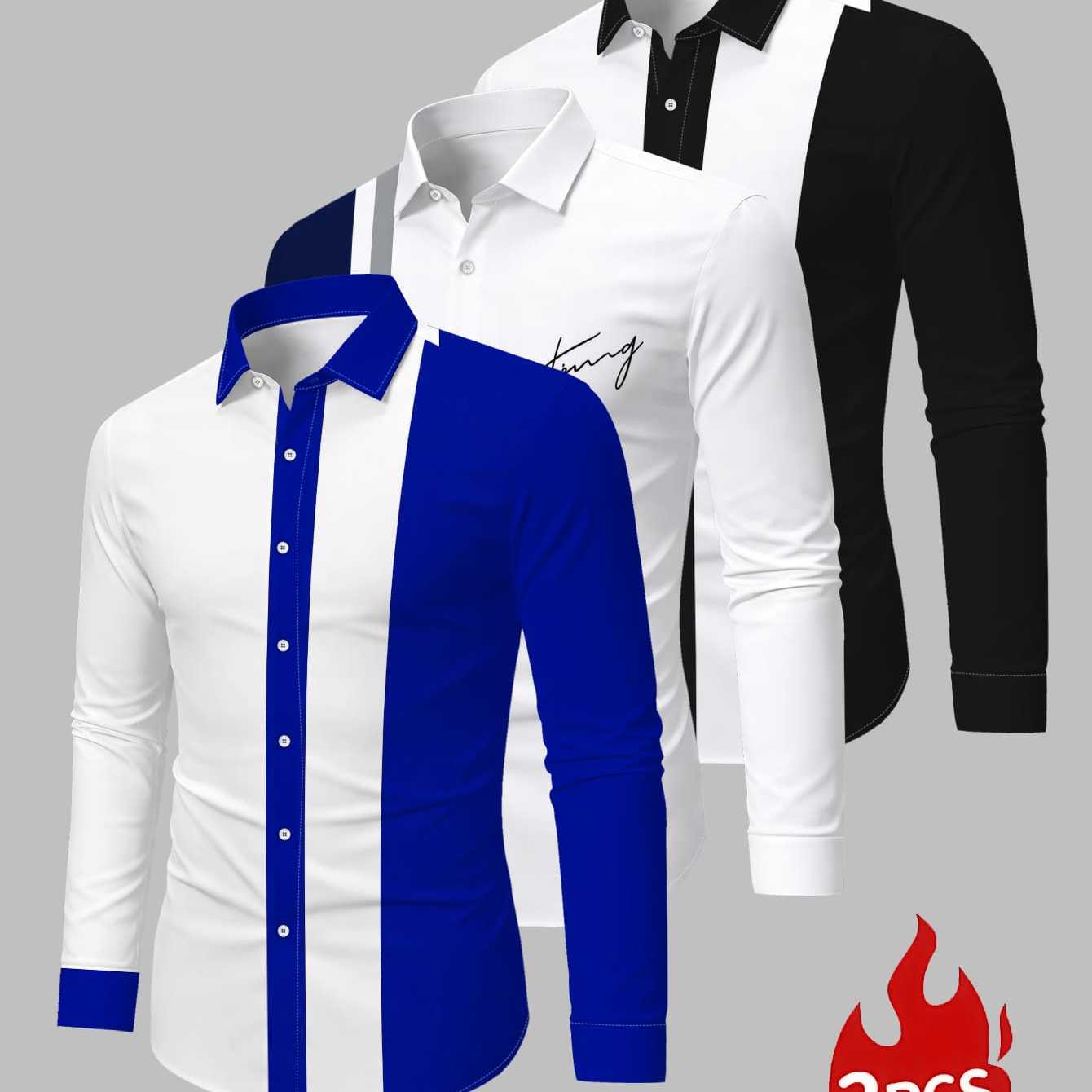 TEMU Men's 3pcs Long Sleeve Shirt Set, Color Block Letter Print, Business Casual Daily Slim Fit Lapel Shirt Set, 3pcs
