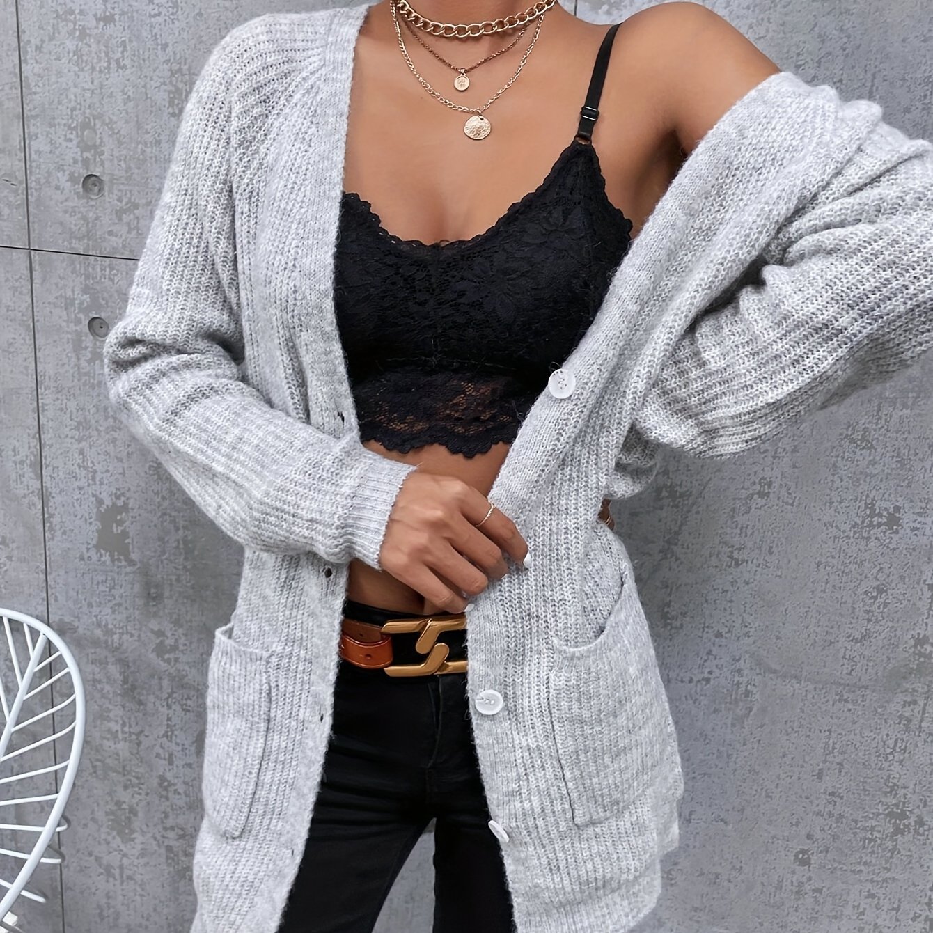 Image of Women's Casual V-neck Cardigan With Pockets - Long Loose Fit Sweater, Medium-stretch, Raglan Sleeves & Versatile Style For Everyday , Cardigan Sweater, Elegant Layering Piece, Textured Knitwear