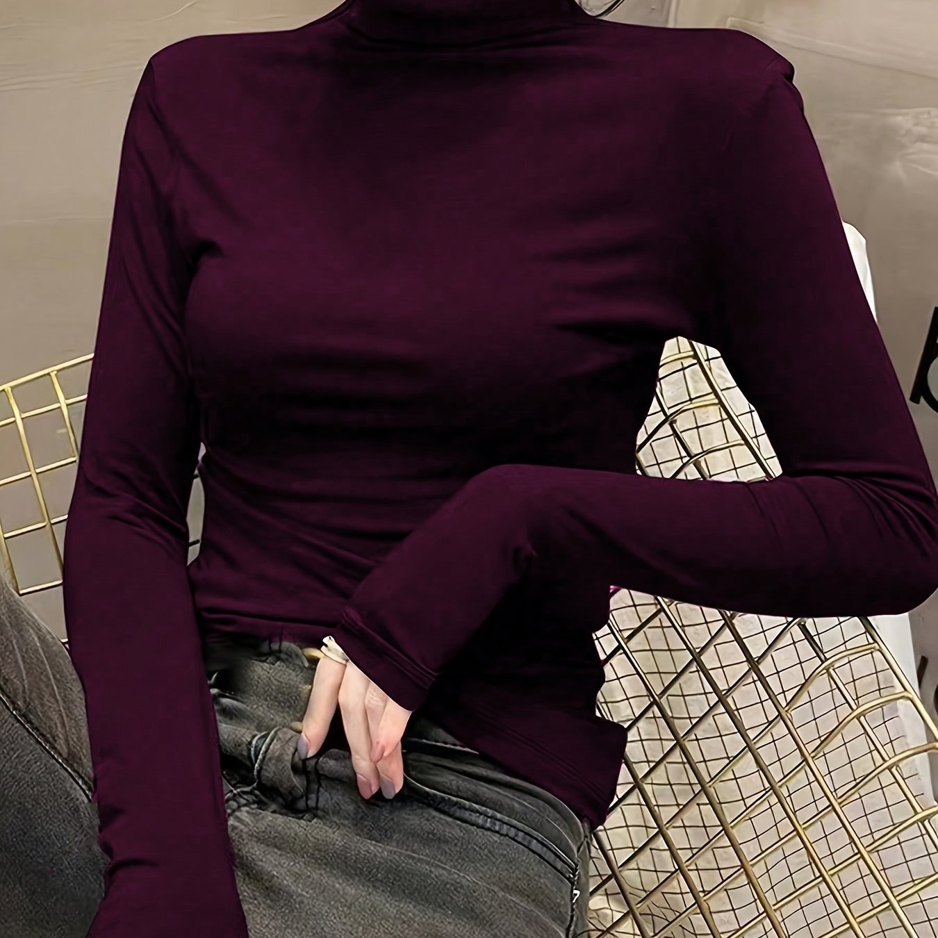 TEMU Plus Size, Women's High-neck Thermal Base Layer, Slim-fit Long-sleeve Top, Elegant Solid Color, Essential For Winter Layering