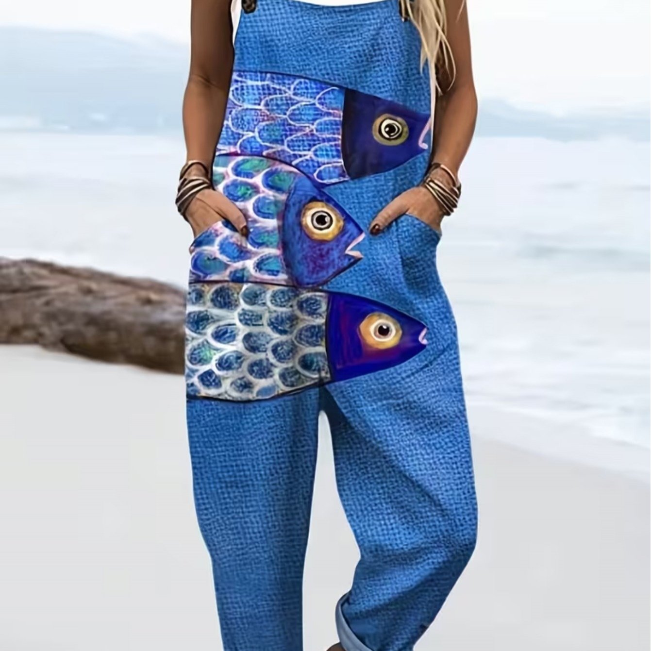 Plus Size, Plus Size Women's Fish Print Jumpsuit--elegant , Adjustable Casual Overalls, Loose And Style, For Spring, Summer, And Autumn