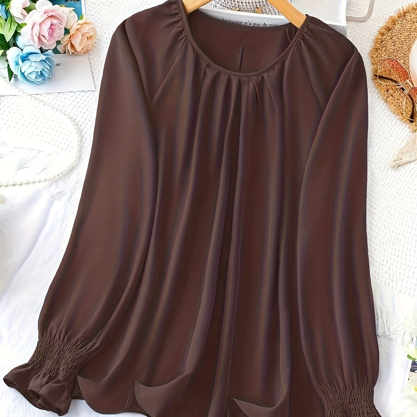 TEMU Plus Size, Women's Plus Size Solid Color Ruffle Hem Shirt With Elastic Ruffle Sleeves Ww242080#