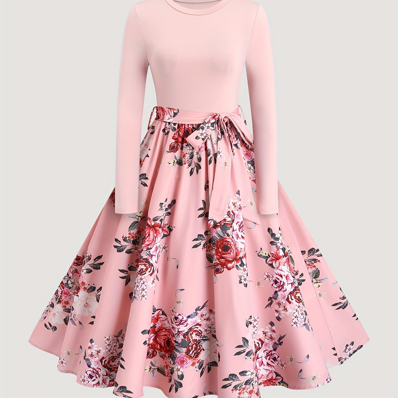 TEMU Women's Pink Floral A-line Dress With Belt Detail - Casual Polyester, Long Sleeves, Round Neck, Machine Washable, Spring/summer, Spring Fashion Wear|belted Waist Dress|polyester Dress