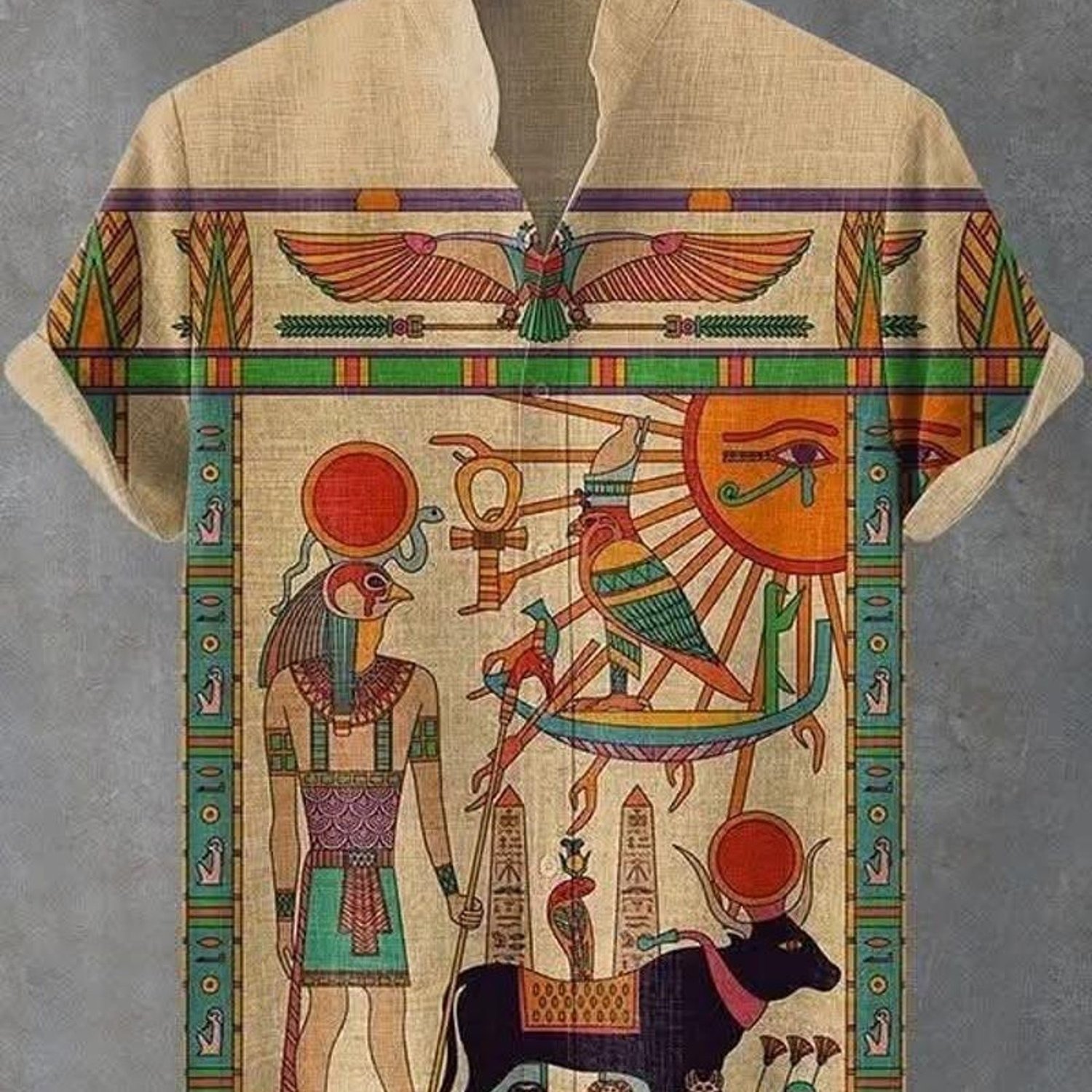 Image of Men's Stand-collar Pocket Shirt, Digital Printed Short-sleeved Top With Ancient Egyptian Patterns, Made Of Polyester, Comfortable For Daily Wear, Mixed Color, Multiple Specifications , Vibrant Design