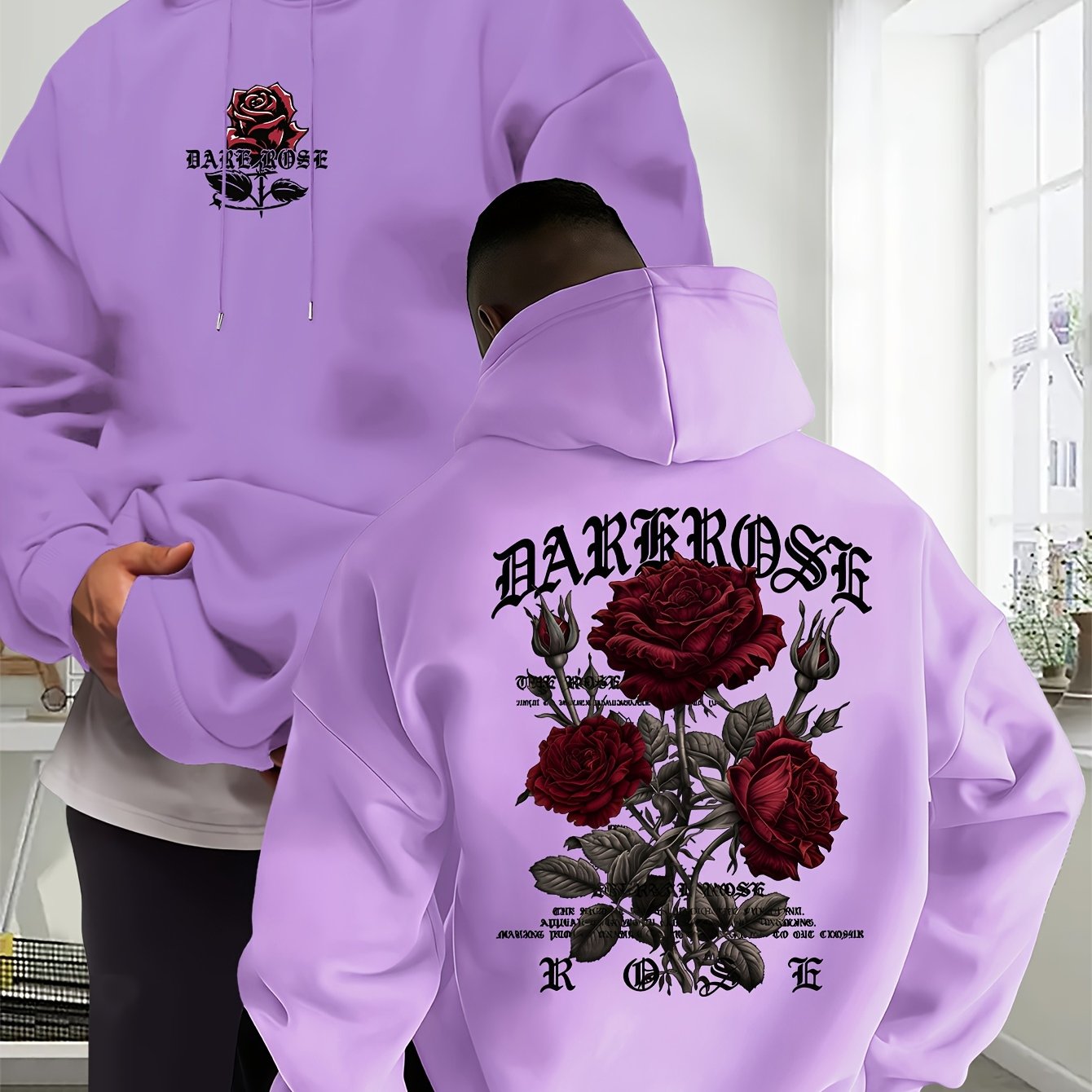 TEMU Red Rose Men's Autumn/winter Hoodie, Casual Daily Drawstring Hooded Sweatshirt With Creative Print Design, Front Kangaroo Pocket, Unisex Top