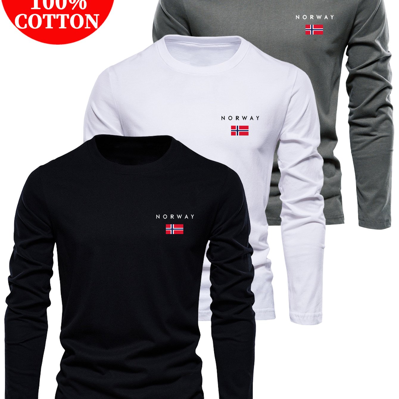 3-pc 100% Cotton T-shirts, Men's Round Neck Spring/autumn New Minimalist Long Sleeve Casual Tees For Daily Wear And Outdoor Activities