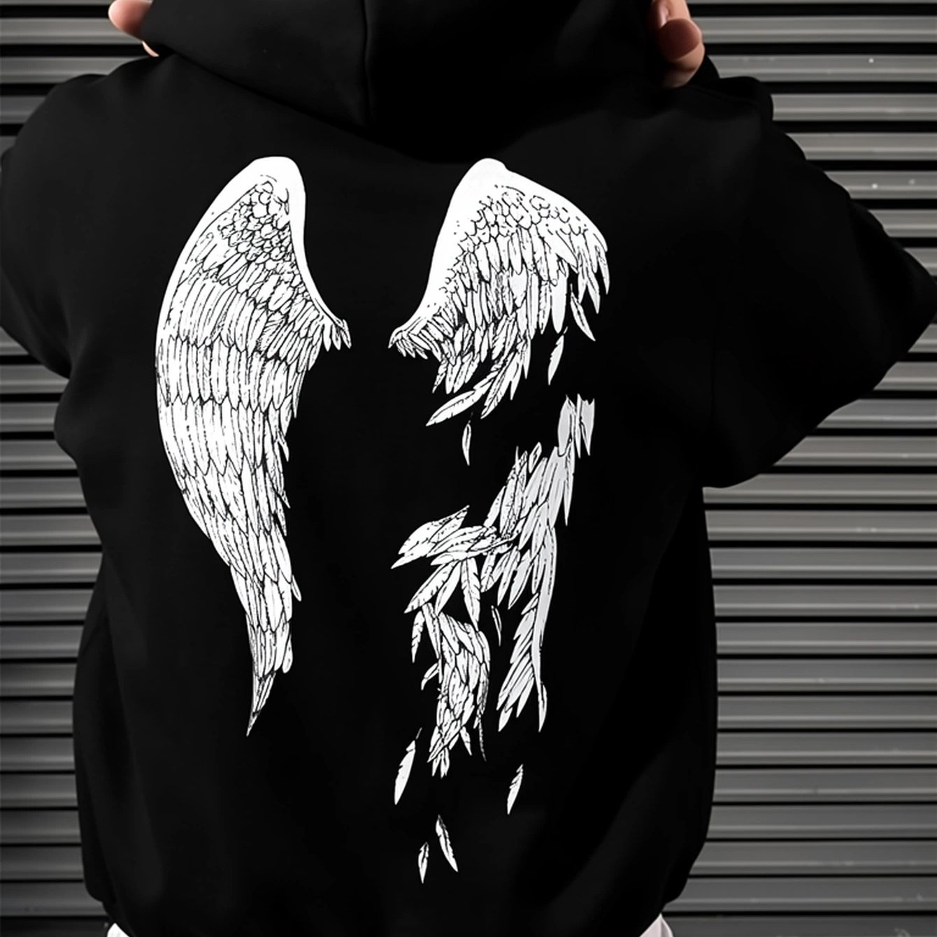 Image of Men's Fleece-lined Wings Print Hooded Sweatshirt - Winter Warm Hoodie With Front Pocket, Loose Fit Cozy , Durable Soft Fabric For Fall & Winter Clothing (ideal Gift)