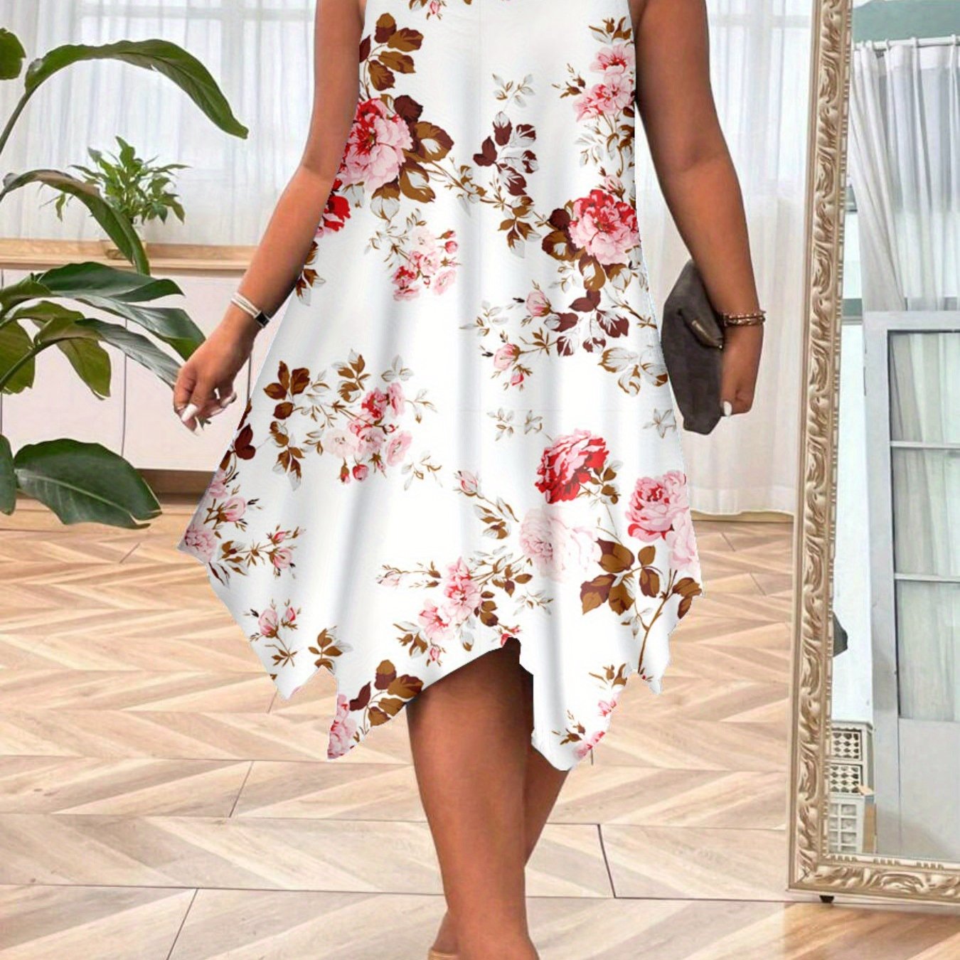 Women's Summer Casual Asymmetrical Hem Dress, 95% 5%, Fabric, Round Neck Spaghetti Strap Design, With Random Printed Pattern, Plus Size Pajamas