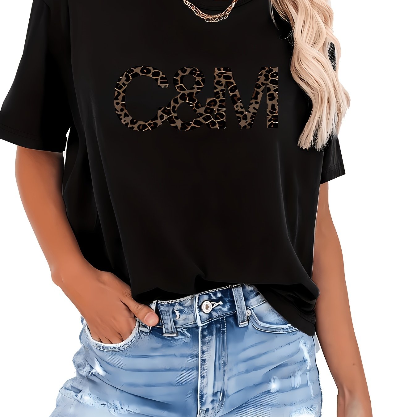 TEMU Women's Leopard Print And C&m Letter T-shirt, Short Sleeve Round Neck Casual Blouse Top For Daily Wear And C&m Outfits, Comfortable And Stylish