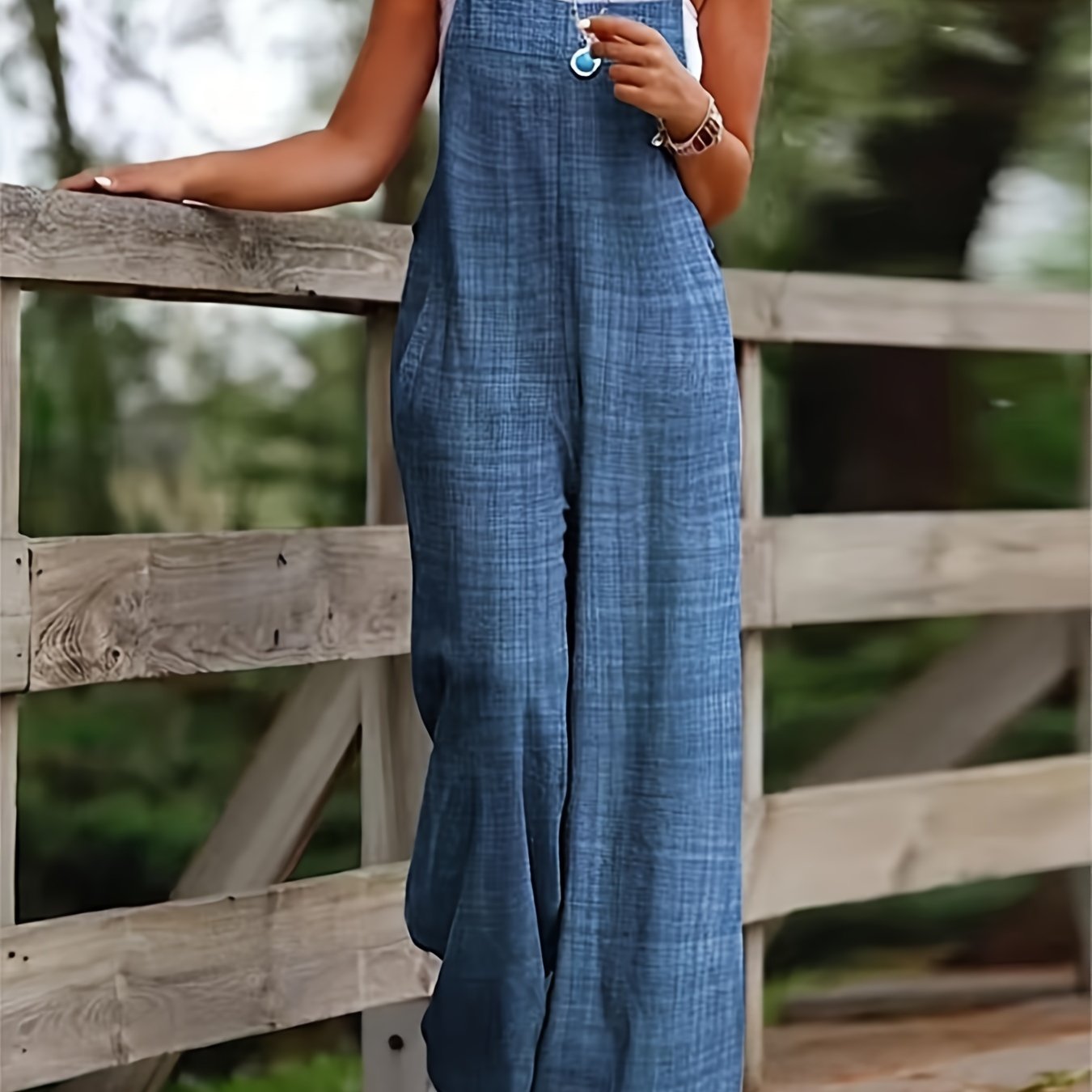 TEMU Women's Vacation Wide-leg Jumpsuit - Sleeveless Strappy Design With Pockets, Machine Washable Solid Color Casual Outfit For Beach, Picnics &