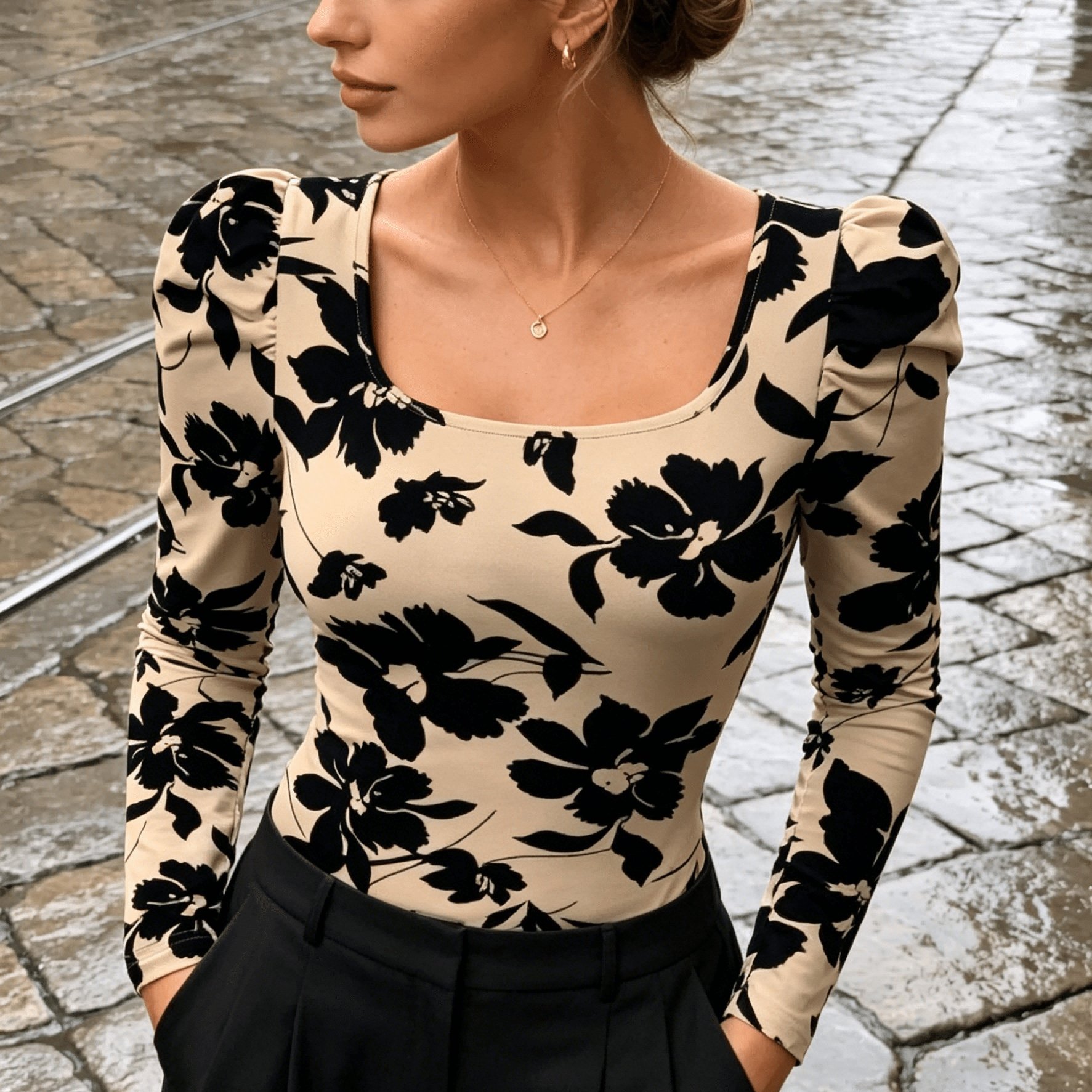TEMU Women's Women's Clothing Spring Autumn Elegant Neck Floral Print Puff Sleeve Slim Long Sleeve Top Casual Date Vacation Versatile Base T-shirt