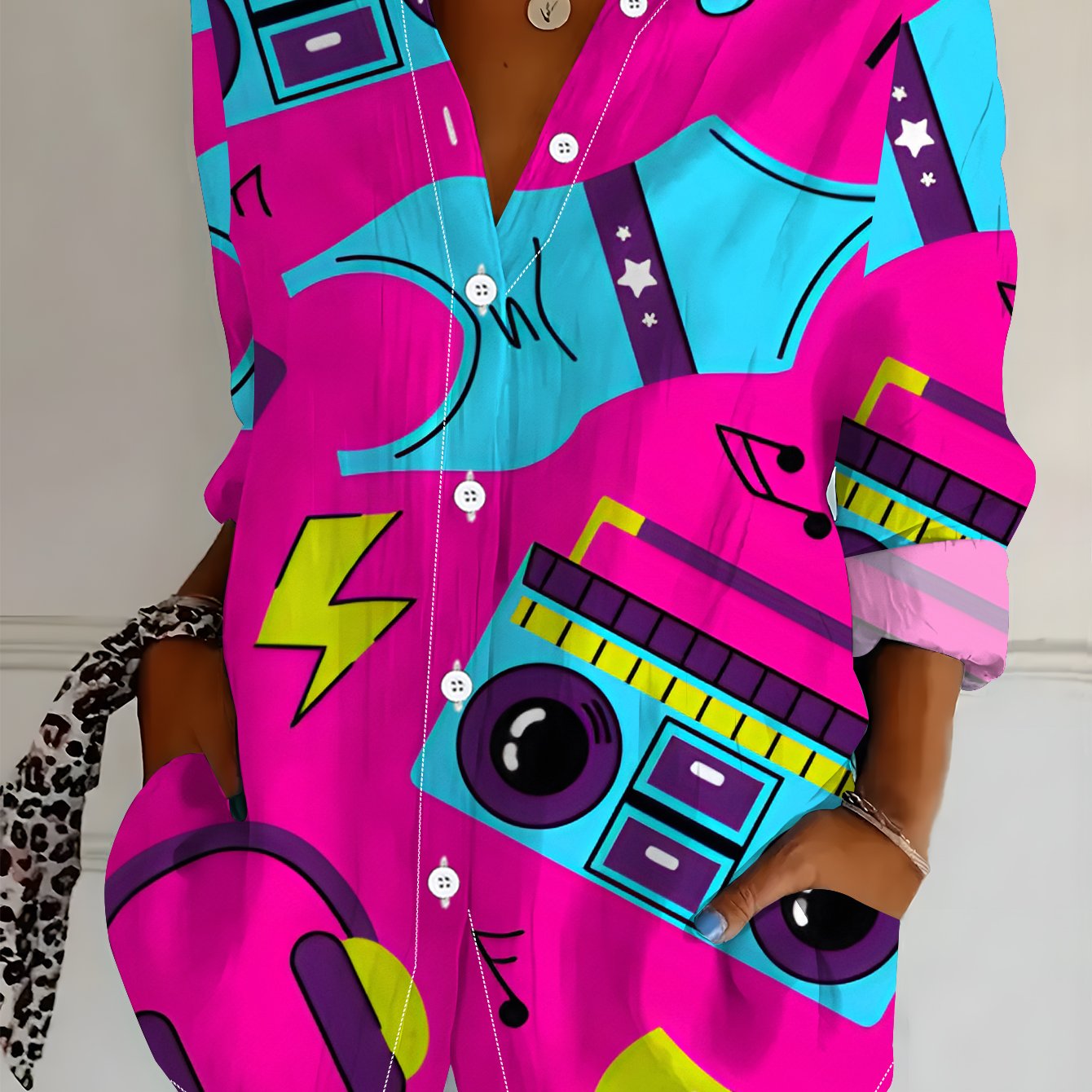 TEMU Plus Size, Plus Size Women's Long Sleeve Shirt, Music-inspired Print, Loose Fit Printed Shirt, Trendy Element Style, Mid-length, Women's Long