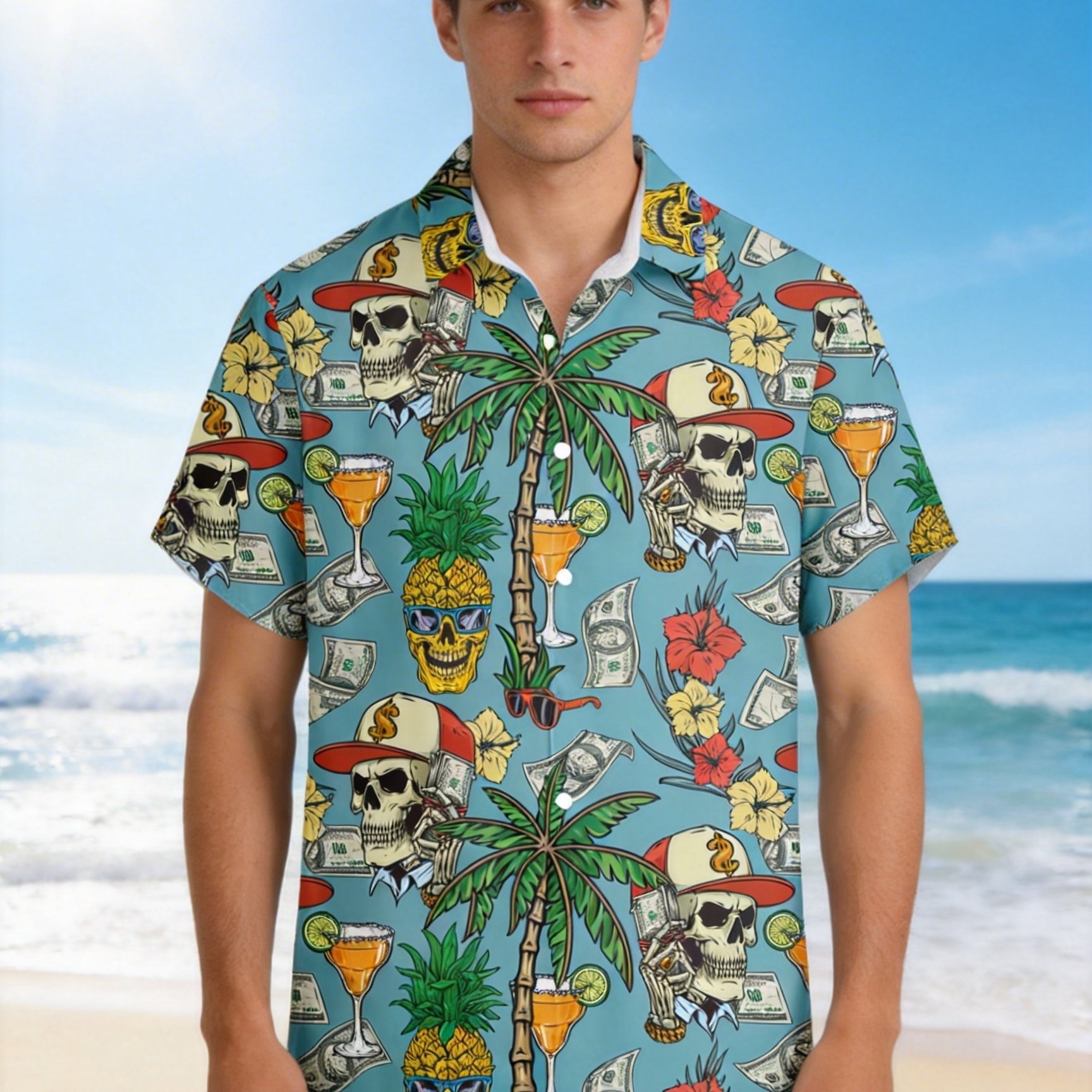 Money Skull Head Vintage Pattern 3d Print Men's Casual Shirt Fashionable -hop Hawaiian Shirt