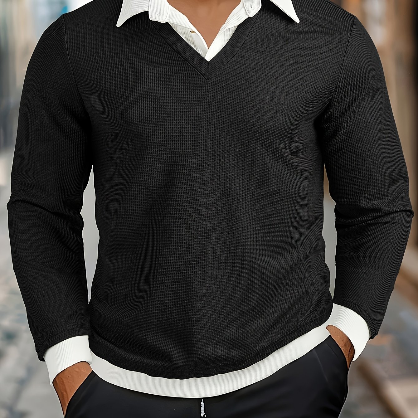 E-shop Herren Texturiertes Kunstleder Zweiteiliges Waffel-Stich Einfarbig Metallischer Knopf Langarm Outdoor Freizeit Street Polo Shirt