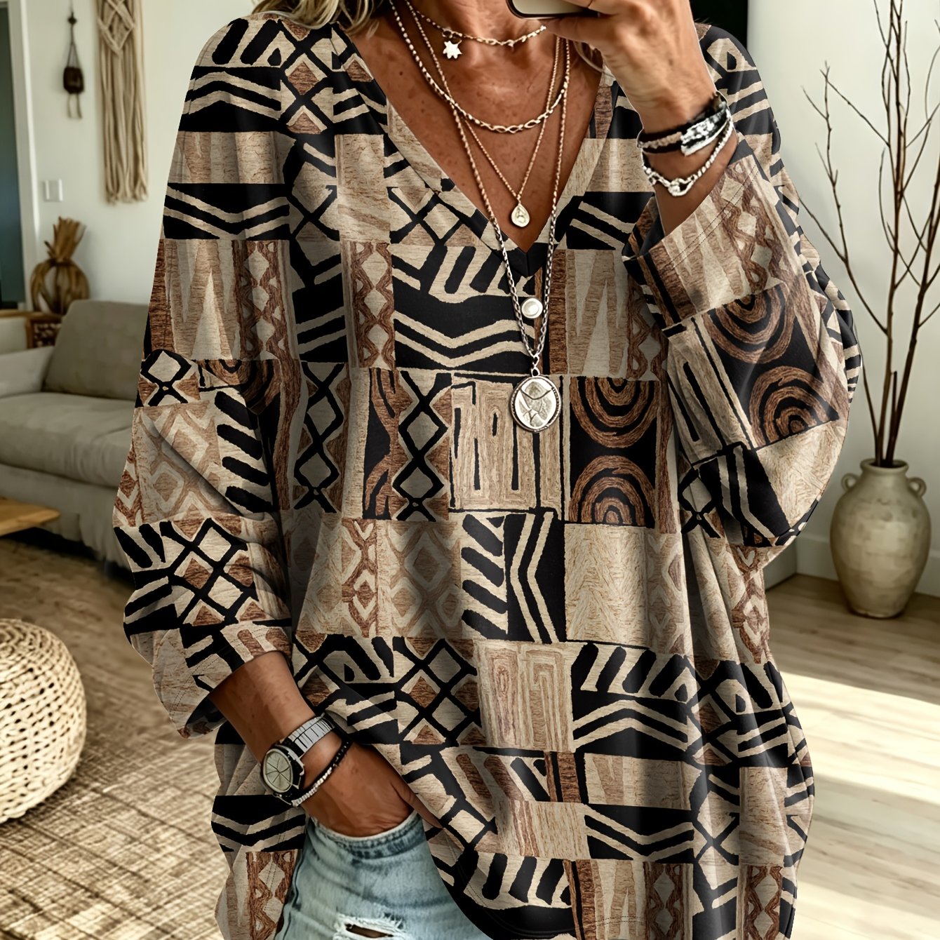 TEMU Vêtement pour femme grande taille, Pull à manches longues et col en V avec imprimé patchwork géométrique tribal créatif, Haut et flatteur,