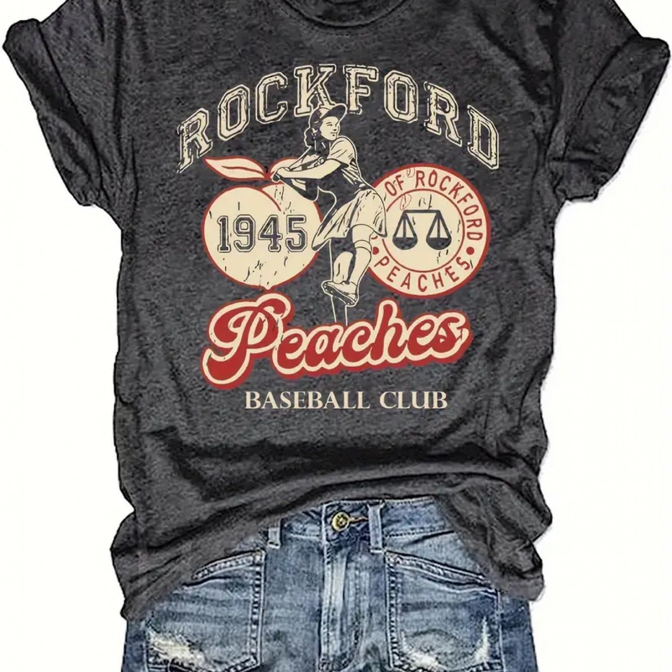 TEMU Plus Size T-shirt, Plus Size Peaches Women's Pattern T-shirt-casual And Comfortable T-shirt, Short Sleeve, Round Neck, Machine Washable, Vintage
