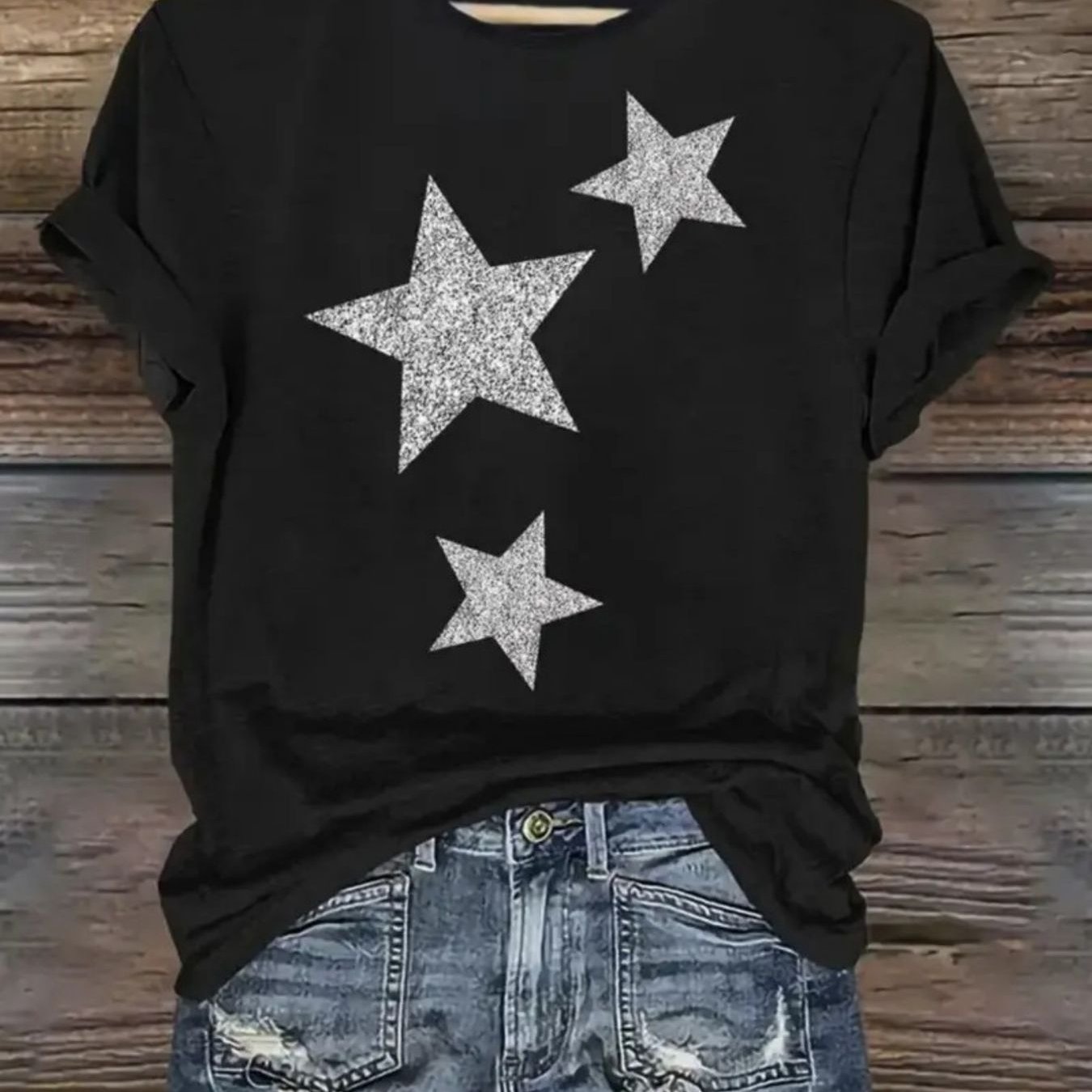 Size- Size- Silvery Pattern T-shirt- Trendy With Rolled Sleeves| Casual Summer Style| Round Neck, Long Sleeves| For Street Fashion| Soft And Comfortable Fabric