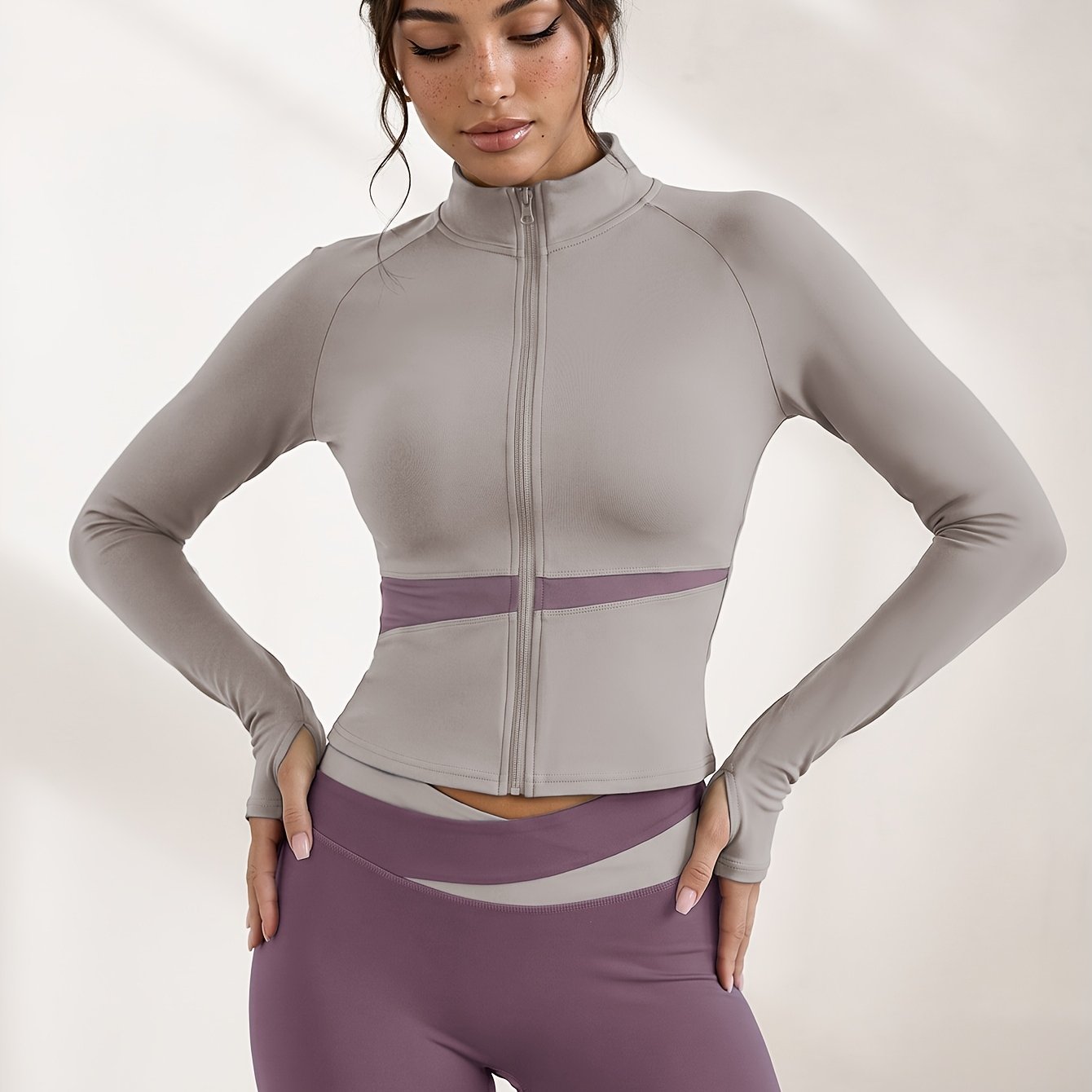 TEMU 2pcs -block Casual Athletic Set, Breathable Fitness Set High-elastic Dress Set Women, Jacket Contrast Sports Fitness Yoga Dress Set