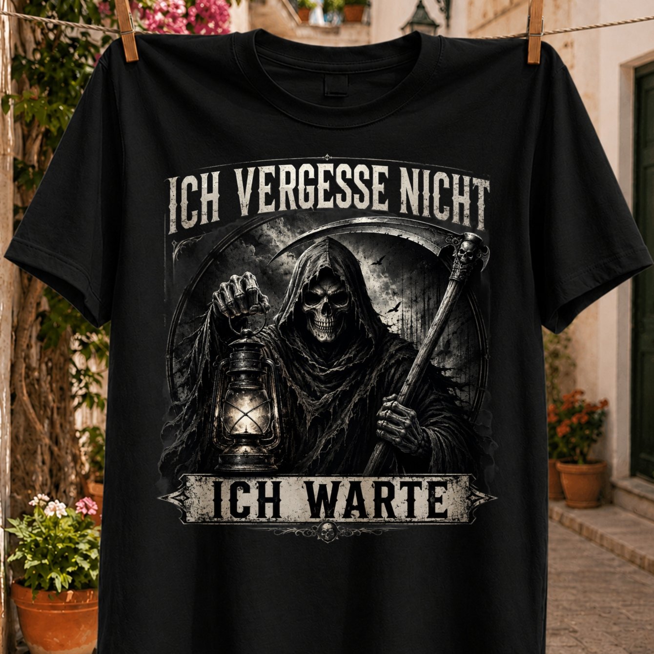 Image of Plus Size 't I Wait Graphic Hooded Reaper Holding A Lantern And In A Dark Frame German Gothic Warning Art Unisex T-shirt