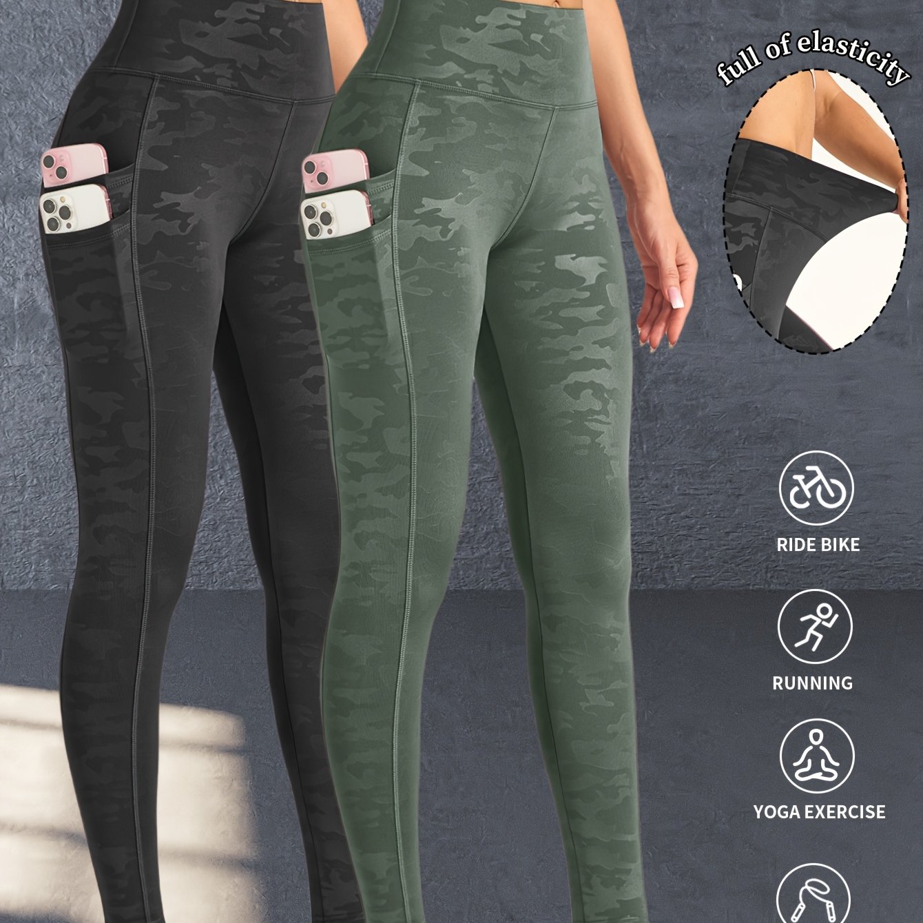 Image of 2pcs Women's Camouflage Print High-end High-waist Sports Pants, -lifting Fitness Casual Leggings, Running And Cycling Pants