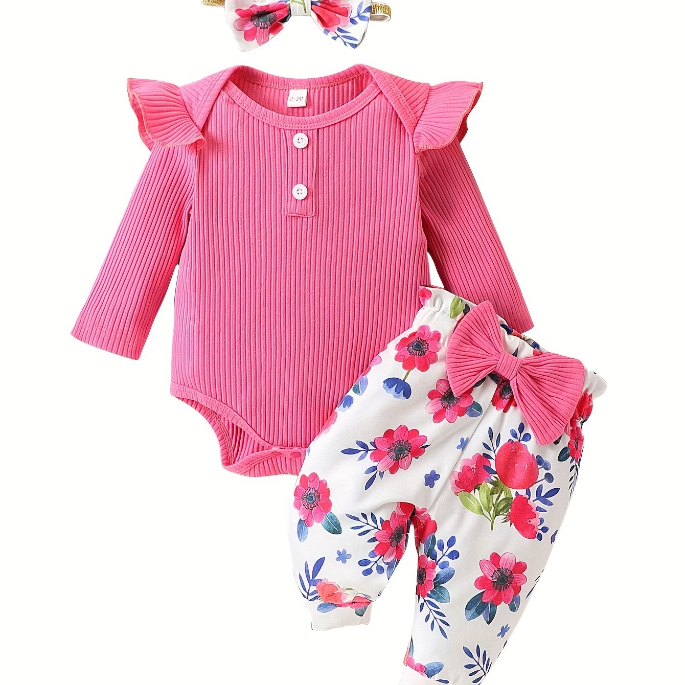 Ensemble 3 Pièces Bébé Fille – Barboteuse Manches Longues + Pantalon Fleuri + Bandeau, 0-12 Mois