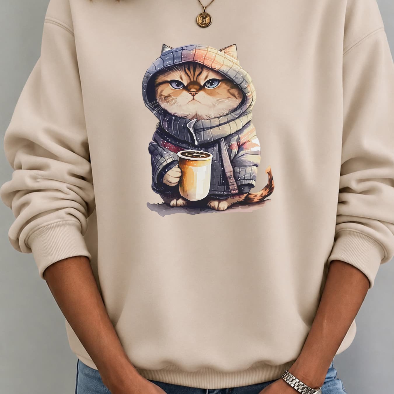 Image of Autumn/winter New Fleece Pullover: Women's Loose Fit Casual Sweatshirt With Cute Cat Print, Warm And Cozy For Daily Wear, Round Neck Long Sleeve