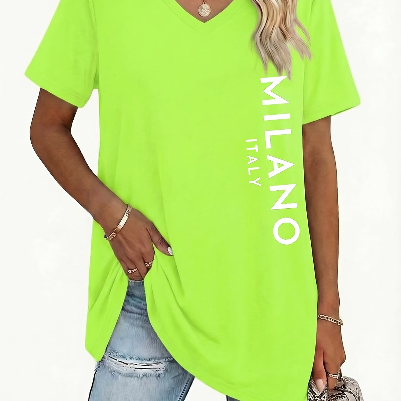 TEMU Plus Size, Plus-size Women's V-neck Solid Color Geometric Pattern T-shirt