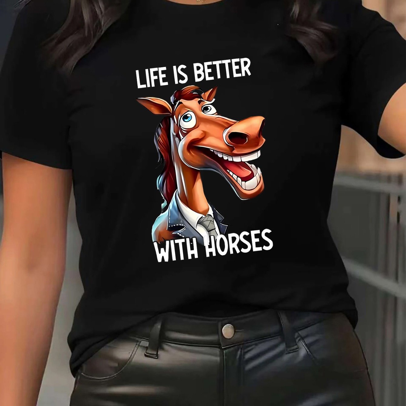 TEMU Ladies' Polyester Short Sleeve T-shirt With Funny Horse Graphic, Better Horses Print,, Fit, 100 Polyester, Stylish For Equestrian Enthusiasts